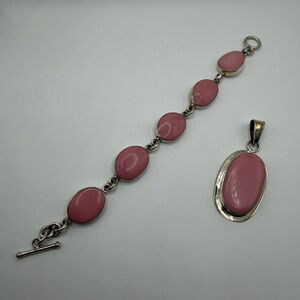 Mexico TR-23 925 Sterling Silver Pink Stone Bracelet Pendant Set 50g